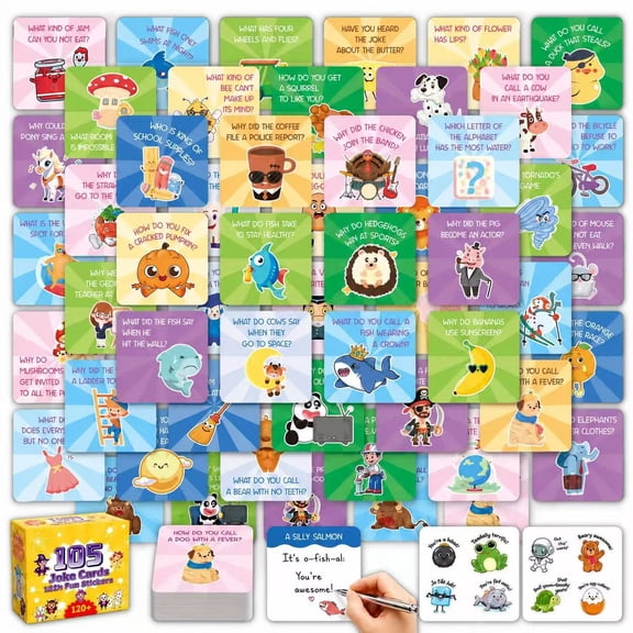gleaminglife 105 Joke Cards Lunch Box Notes, Funny Pun Joke Cards with 120 Stickers, Daily Humor Cards for School & Gifts