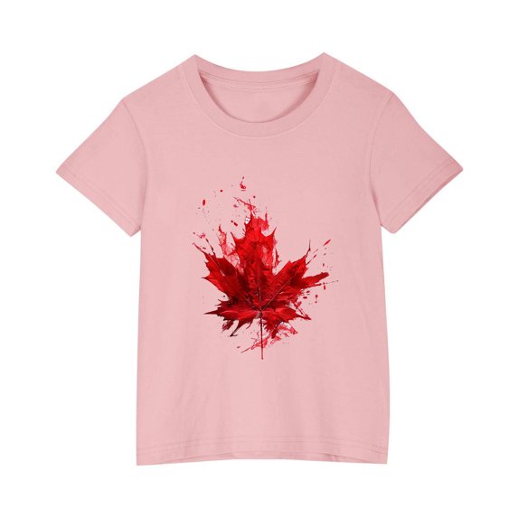 gljltg (3-10 Years) Unisex Kids Summer Fashionable Cute Maple Leaf Print Casual Short Sleeve Round Neck Cotton T-Shirt