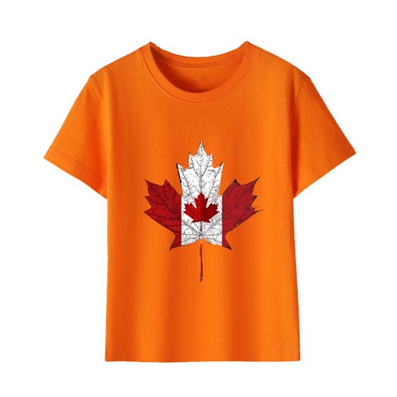 gljltg (3-10 Years) Unisex Kids Summer Fashionable Cute Maple Leaf Print Casual Short Sleeve Round Neck Cotton T-Shirt