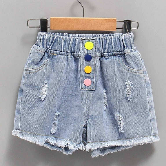 gljltg 4-15Y Little&Big Girls Summer Denim Shorts Elastic Waistband Ripped Jeans