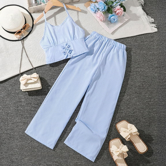 gljltg (8 - 12 Years) Big Girls' Summer Casual Stripe Sleeveless Tank Top & Shorts 2 - Piece Set. Round - Neck Tank Suit, Perfect for Daily Wear