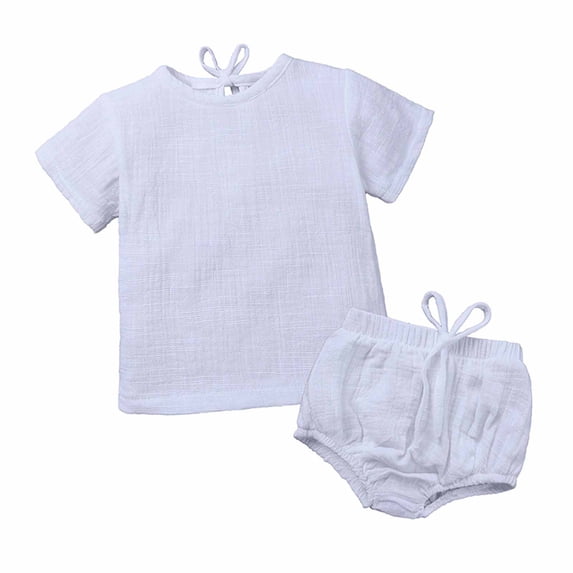 gljltg Baby Boy Girl Cotton Linen Clothes Solid Color Short Sleeve Tops Drawstring Shorts Set 2Pcs Toddler Summer Outfit