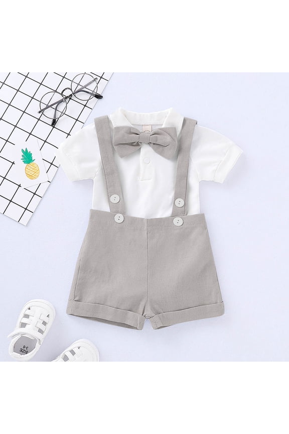 Baby Boys Gentleman Outfits Suits, Infant Short Sleeves Shirt+Bib PantsTie Overalls Clothes Set