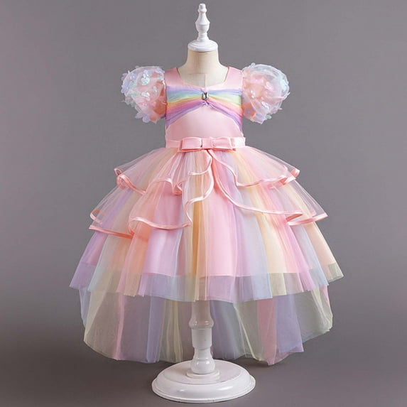 gljltg Children Netting Princess Dress Short Sleeve Baby Girl Bowknot Gown Dress