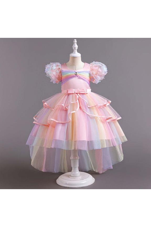 Children Netting Princess Dress Short Sleeve Baby Girl Bowknot Gown Dress