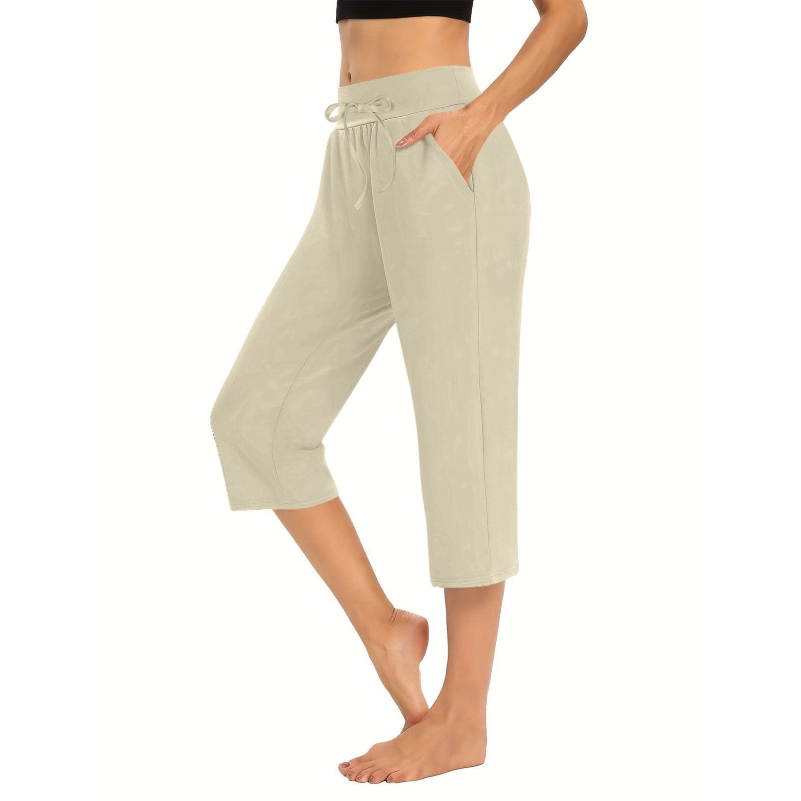 Crop Elastic Waist Orange Pockets Solid Pants Summer Cotton