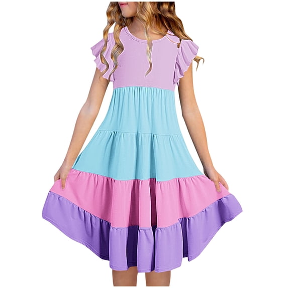 gljltg Fashion Girls' Summer New Short Sleeve Ruffled Pockets Round-Neck Printed Dress