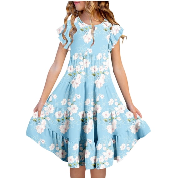 gljltg Fashion Girls' Summer New Short Sleeve Ruffled Pockets Round-Neck Printed Dress