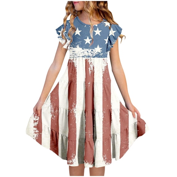gljltg Fashion Girls' Summer New Short Sleeve Ruffled Pockets Round-Neck Printed Dress