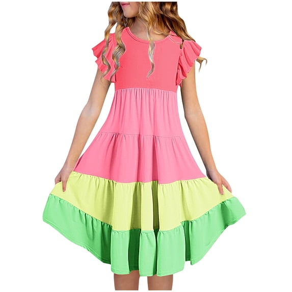 gljltg Fashion Girls' Summer New Short Sleeve Ruffled Pockets Round-Neck Printed Dress