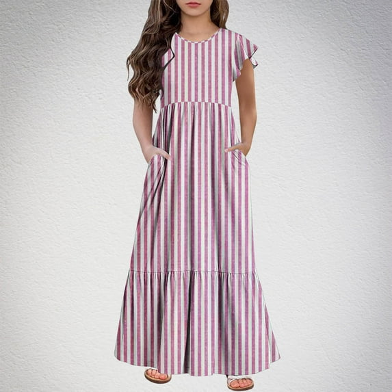 gljltg Fashion Girls Summer New Short Sleeves Round Neck Solid Color Dress