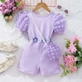 thumbnail image 1 of gljltg Girl's Puff Cap Sleeve Crew Neck Dressy Belted Romper Cute Short Jumpsuit Small And Medium-sized Girls' Ribbed Back Body Jumpsuit With Bag, 1 of 9