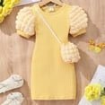 thumbnail image 1 of gljltg Girl's Puff Cap Sleeve Crew Neck Dressy Belted Romper Cute Short Jumpsuit Small And Medium-sized Girls' Ribbed Back Body Jumpsuit With Bag, 1 of 8