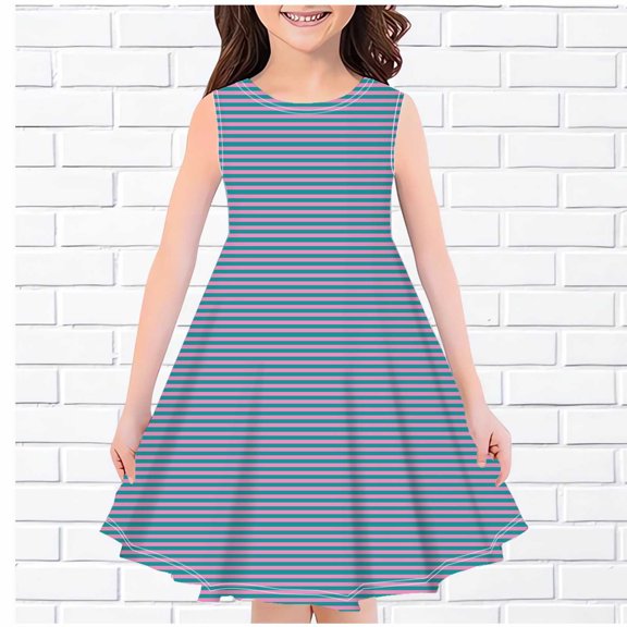 gljltg Girl's Sleeveless Waist Casual Swing Dress for 4-14T Kids Round Neck Printed Dress