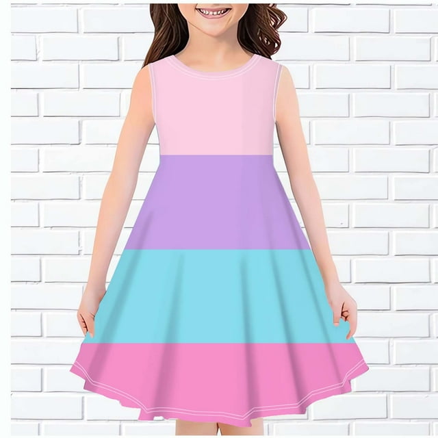 gljltg Girl's Sleeveless Waist Casual Swing Dress for 4-14T Kids Round Neck Printed Dress