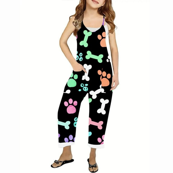 gljltg Girls' Casual Sleeveless Jumpsuits Spaghetti Strap Loose Romper Long Pants with Pockets