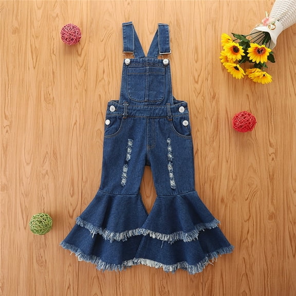 gljltg Girls Denim Overalls,Elastic Band Inside Flap Pockets Soft Stretchy Jeans Jumpsuit for 1-5 Years