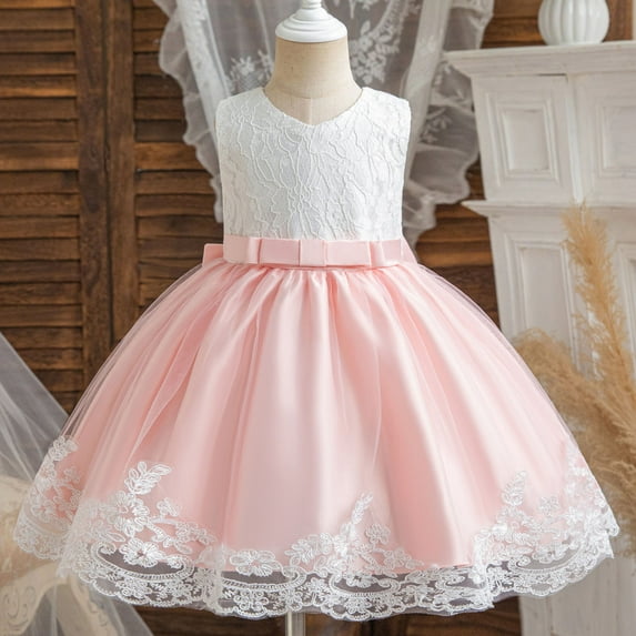 gljltg Girls Dress Fluffy Summer Dresses Belted Wedding Party Flower Girls' Dress Size Wave Point puff sleeves Skirt