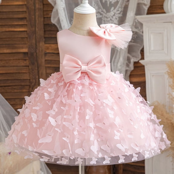 gljltg Girls Dress Fluffy Summer Dresses Belted Wedding Party Flower Girls' Dress Size Wave Point puff sleeves Skirt