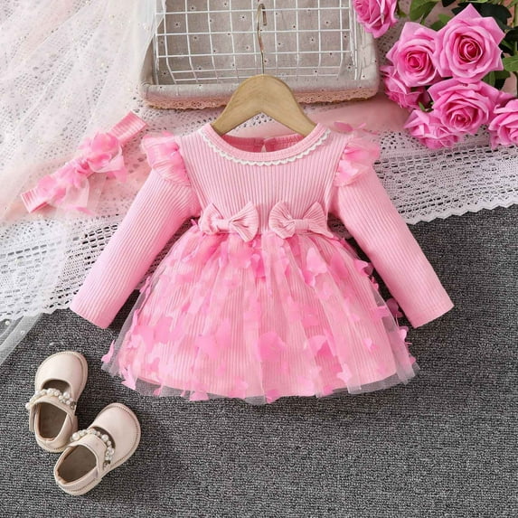 gljltg Girls Long Sleeve Ruffle Dresses Solid Ribbed Knit Fall Winter Dresses for Toddler Casual Bowknot Dresses Fashionable And Sweet Girl's Solid Color Long Sleeved Pleated Round Neck Long Dress