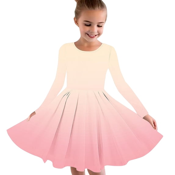 gljltg Girls One-Shoulder Dresses Size Girls Long Sleeve Stretchy Dress A Line Twirly Skater School Recital Dress Long Sleeve Round Neck Dress 4-14 Years