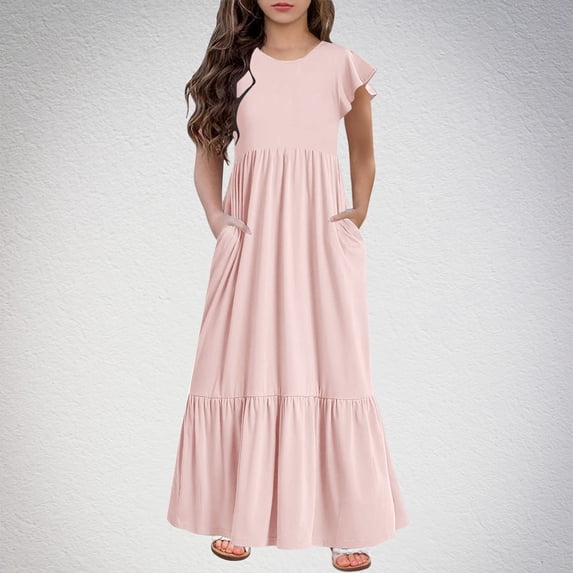 gljltg Girls Solid Color Dress Boho Ruffle Sleeve Pleated Casual Swing Dresses with Pockets for Kids 6-12 Years