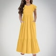 thumbnail image 1 of gljltg Girls Solid Color Dress Boho Ruffle Sleeve Pleated Casual Swing Dresses with Pockets for Kids 6-12 Years, 1 of 6