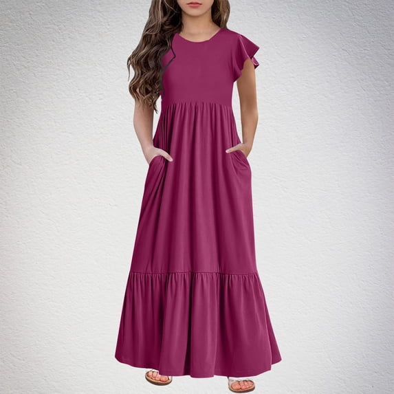 gljltg Girls Solid Color Dress Boho Ruffle Sleeve Pleated Casual Swing Dresses with Pockets for Kids 6-13 Years