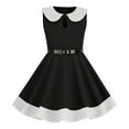 thumbnail image 1 of gljltg Girls Summer Retro Waist Stripe Solid Color Spliced Flying Sleeve Sleeves Round Neck Dress, 1 of 4