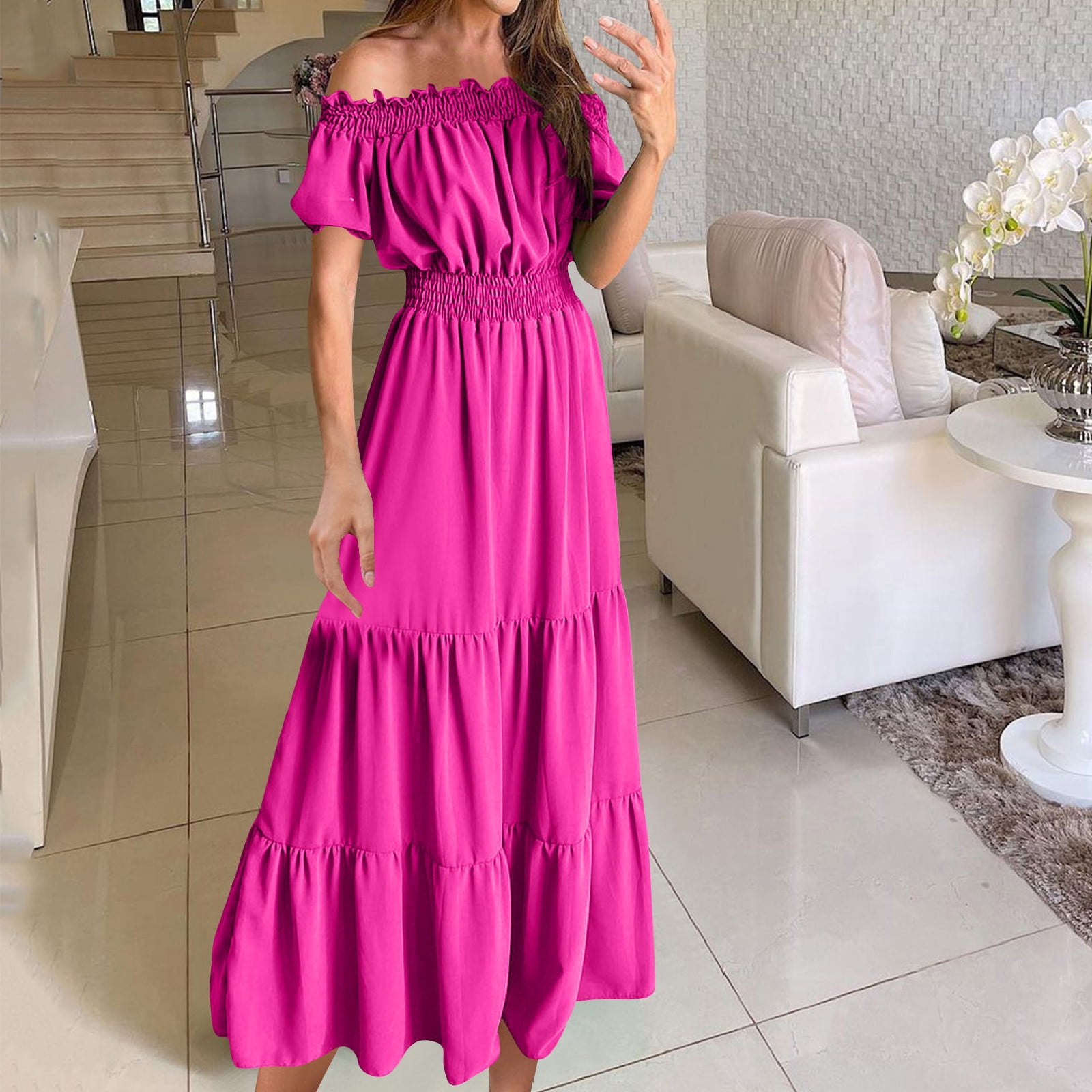 gljltg Ladies Elegant Summer One-shoulder Solid Color Short-sleeved Elastic Waist Women's Dress with Print, Stylish Fashionable for Women, Ladies, Suitable for Casual, Party, Daily, Beach