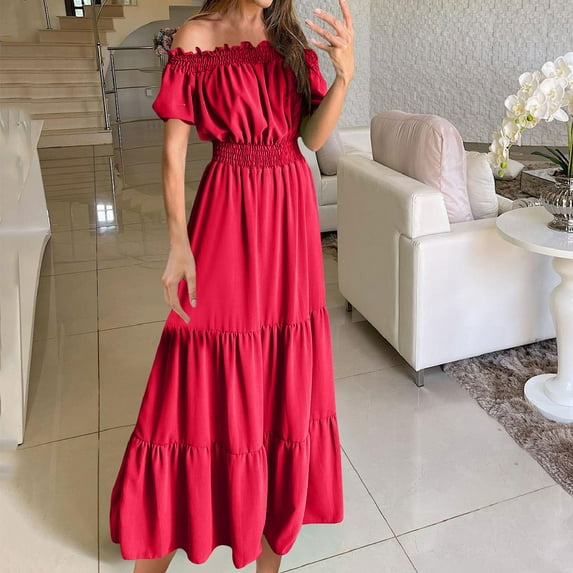 gljltg Ladies Elegant Summer One-shoulder Solid Color Short-sleeved Elastic Waist Women's Dress with Print, Stylish Fashionable for Women, Ladies, Suitable for Casual, Party, Daily, Beach