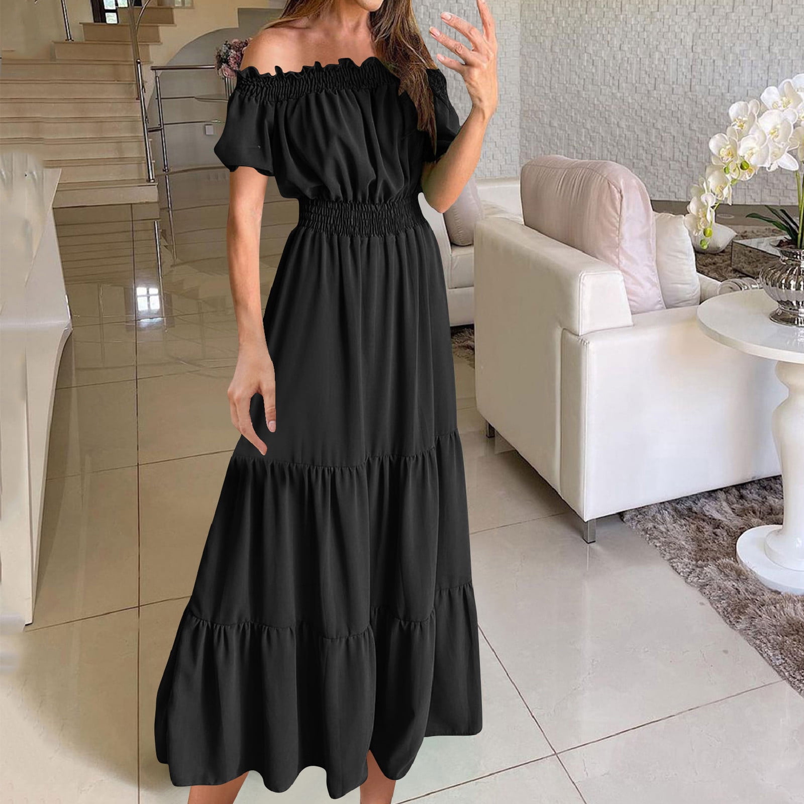 gljltg Ladies Elegant Summer One-shoulder Solid Color Short-sleeved Elastic Waist Women's Dress with Print, Stylish Fashionable for Women, Ladies, Suitable for Casual, Party, Daily, Beach