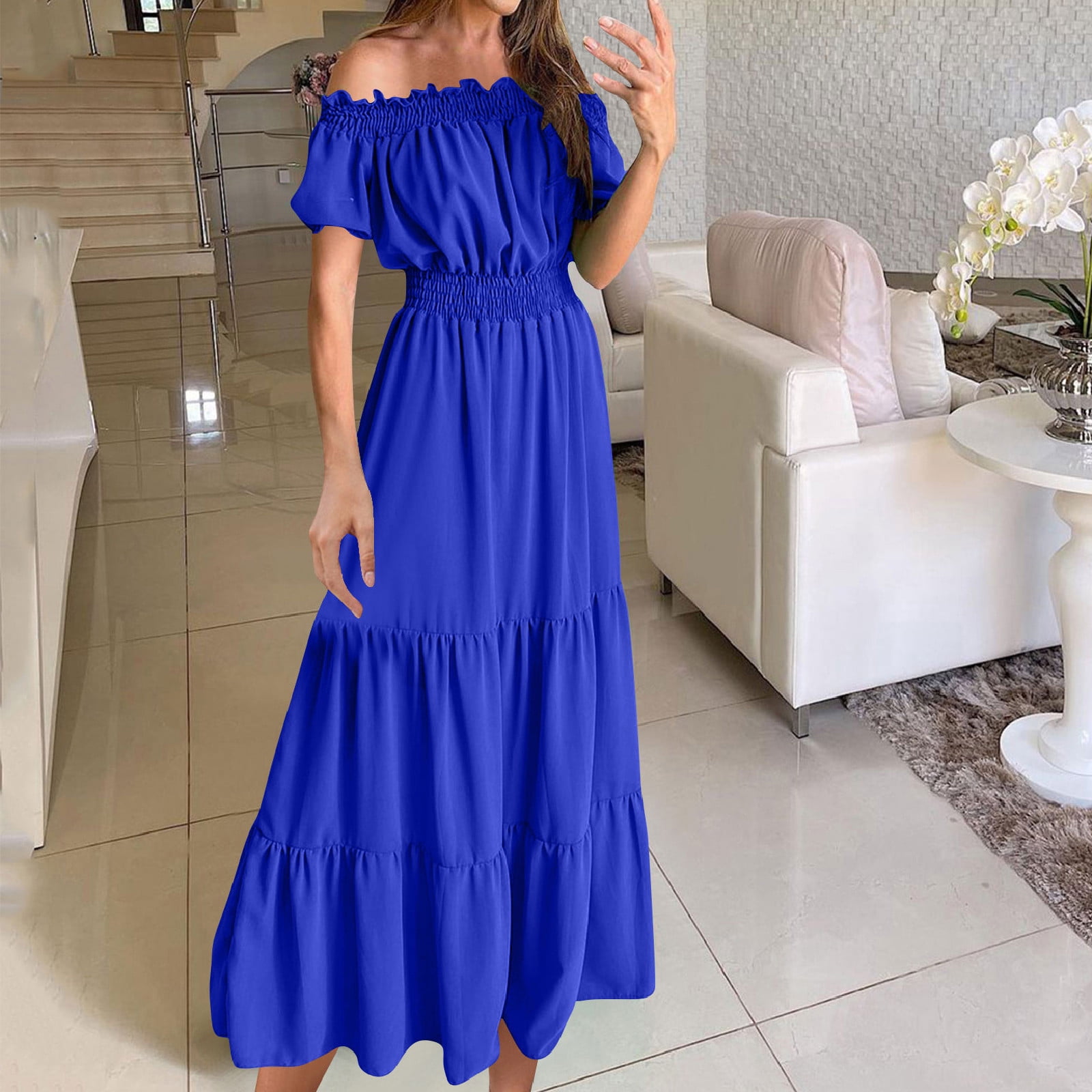 gljltg Ladies Elegant Summer One-shoulder Solid Color Short-sleeved Elastic Waist Women's Dress with Print, Stylish Fashionable for Women, Ladies, Suitable for Casual, Party, Daily, Beach