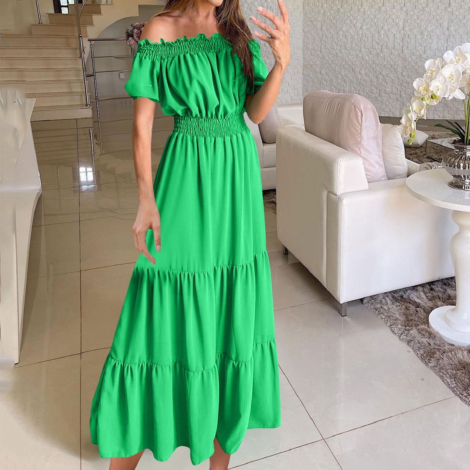 gljltg Ladies Elegant Summer One-shoulder Solid Color Short-sleeved Elastic Waist Women's Dress with Print, Stylish Fashionable for Women, Ladies, Suitable for Casual, Party, Daily, Beach