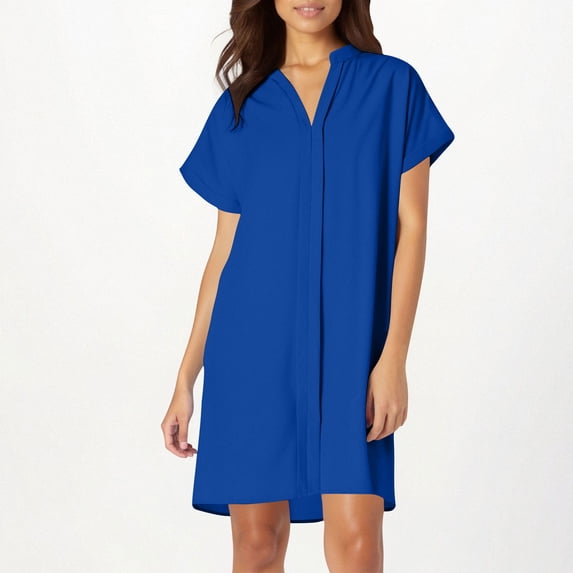 gljltg Ladies Solid Color Short Sleeve V-neck Light Mature Loose Dress with Print Pattern for Women, Ladies, Spring Summer, Suitable for Casual, Party, Daily, Beach, Stylish Fashionable