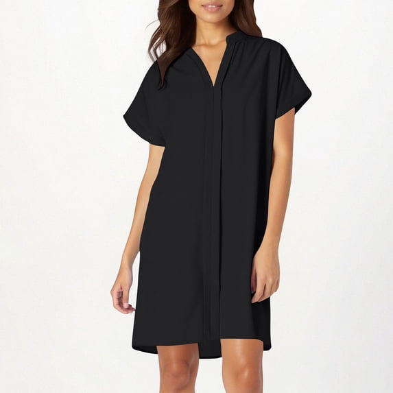gljltg Ladies Solid Color Short Sleeve V-neck Light Mature Loose Dress with Print Pattern for Women, Ladies, Spring Summer, Suitable for Casual, Party, Daily, Beach, Stylish Fashionable