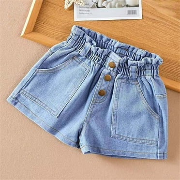 gljltg Little Girls Jean Shorts Cut Off Denim Shorts Elastic Waist Button Shorty Shorts for Teen Girls