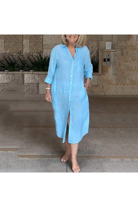 Plus Size Shirt Dress for Women Cotton Linen Dress Button Down Beach Maxi Dresses Lapel Tunic Casual Long Dresses Plain Baggy Going Out Dresses Floaty Summer