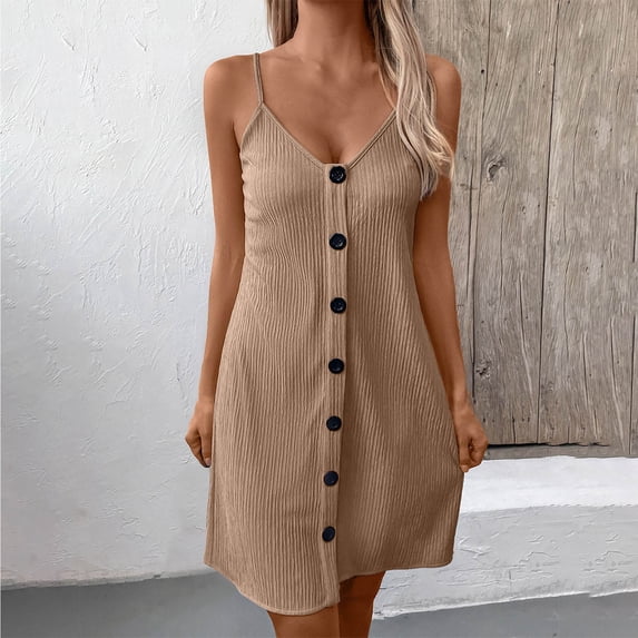gljltg Summer Dress for Women V-Neck Button Front Sleeveless Suspender Dress Casual Spahgetti Strap Solid Color Dress Swing Mini Dress Bohemian Sundress