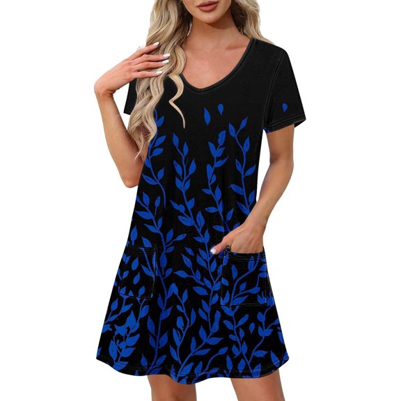 gljltg Summer Dresses for Women Floral Print Elegant Short Sleeve T-Shirt Dress Crew Neck Casual Loose Swing Holiday Beach Dress with Pockets
