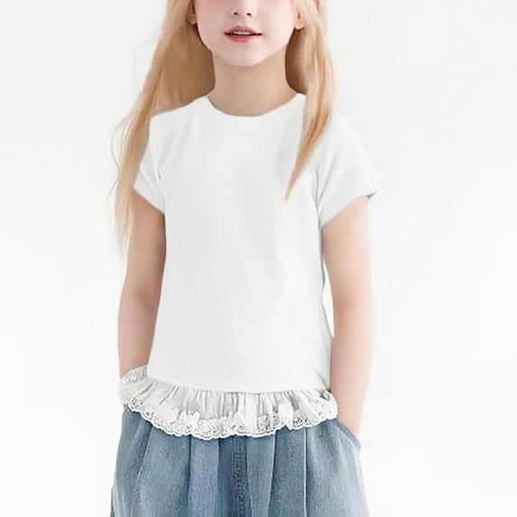 gljltg Summer Girls 2-13Y Lace Hem Short-sleeved Tops Solid Color Great Quality Soft Comfortable for Spring Summer Daily Birthday Party Theme Party Holiday Outdoor Photoshoot