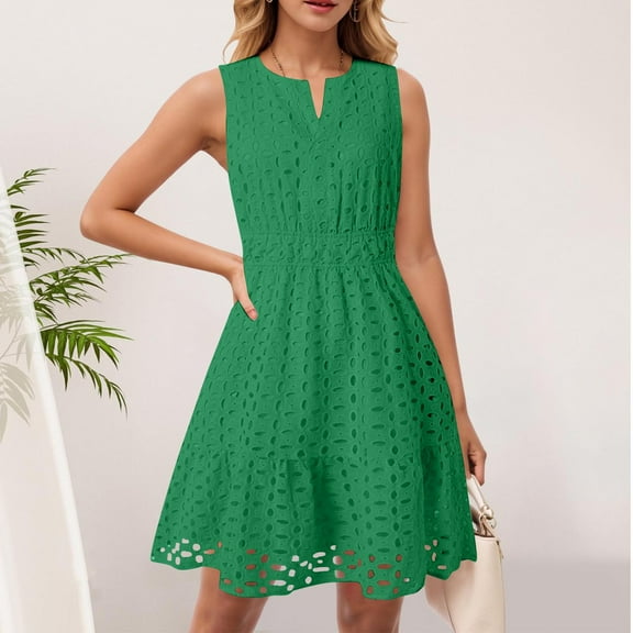gljltg Summer Midi Dresses for Women Hollow Out Eyelet Ruffle Swing A Line Long Dress with Pockets Elastic Waist Short Sleeve Solid Color Boho Beach Dress