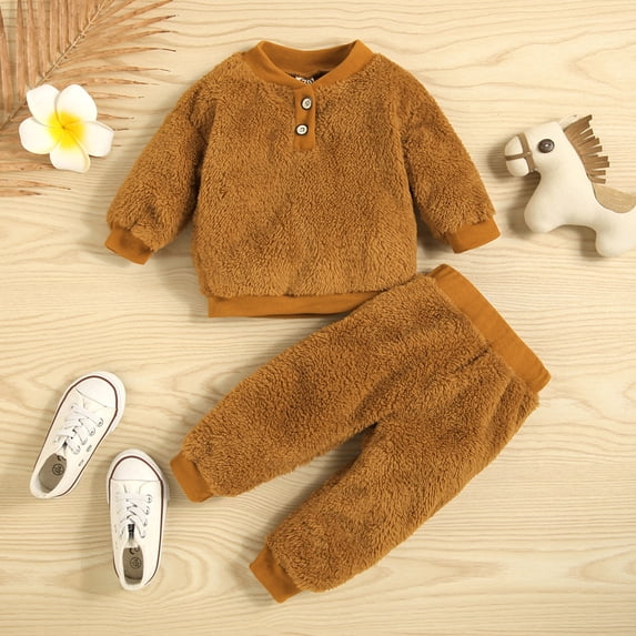 gljltg Toddler Baby Boy Girl Fleece Two Piece Clothes Long Sleeve Plush Pullover Sweatshirt+Trousers Set Cute Furry Outfit