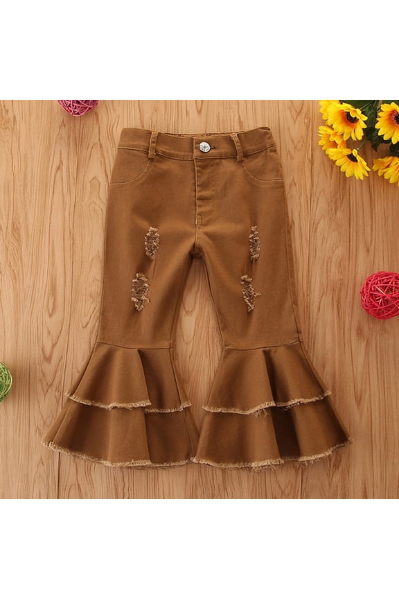Toddler Baby Girl Kids Flared Denim Pants Ruffled Wide Legs Ripped Jeans High Waist Bell Bottoms Casual Clothes Toddler Kids Baby Girls High Waist Ripped Bottoms for 1-6Y