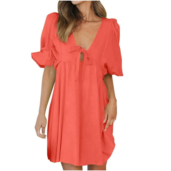 gljltg Women's Casual Fashion Solid Color Puff Sleeve Short Sleeve V-Neck Dress, Cotton/Linen Breathable Lightweight Summer Outfit, Multi-Occasion Home Daily Wear, Easy Care Washable