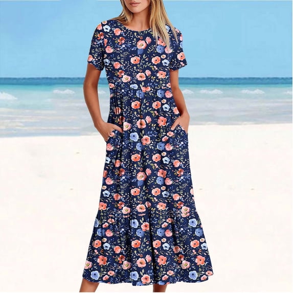 gljltg Women's Casual Flower Print Tiered Maxi Dress with Pockets, Polyester Spandex Lightweight Breathable Summer Winter, Beach Travel Work Party Outfit, Easy Care Washable