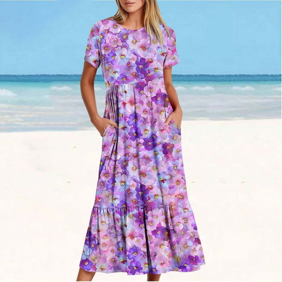 gljltg Women's Casual Flower Print Tiered Maxi Dress with Pockets, Polyester Spandex Lightweight Breathable Summer Winter, Beach Travel Work Party Outfit, Easy Care Washable