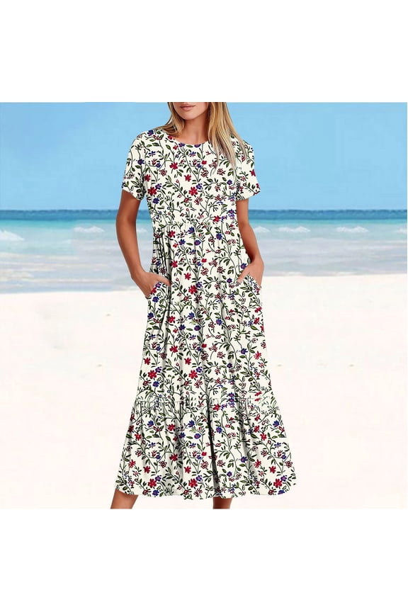 Women's Casual Flower Print Tiered Maxi Dress with Pockets, Polyester Spandex Lightweight Breathable Summer Winter, Beach Travel Work Party Outfit, Easy Care Washable