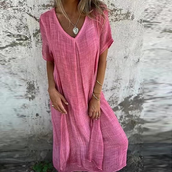 gljltg Women's Casual Round Neck Short Sleeve Loose Solid Color Dress, Polyester Fabric, Lightweight Breathable Summer Outfit, Casual Party Date Wear, Easy Care Hand Washable
