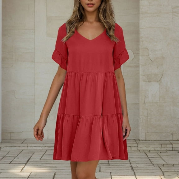 gljltg Women's Casual V-Neck Pullover Dress with Short Skirt, Polyester Fabric, Lightweight Breathable Spring Summer, Versatile Stylish Outfit, Easy Care Hand Washable